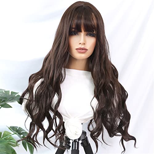 Perruque femme synthétique longue noir et brun ondulée avec frange 32 pouces - 5