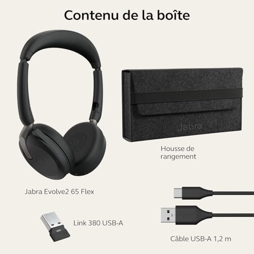 Jabra Evolve2 65 Flex - Micro-Casque stéréo sans Fil Bluetooth avec Technologie à réduction de Bruit ClearVoice et ANC Hybride - Compatible avec Les principales Plateformes UC - Noir