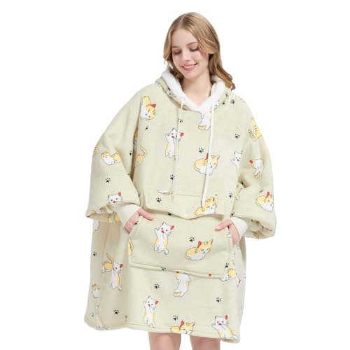 Qeils Wearable Blanket Hoodie for Women, Comfy Sherpa Sweatshirt Blanket as Birthday Christmas Gifts, Oversized Pullover Jacket Blanket Hoodie for Adult (Cat, Adult)