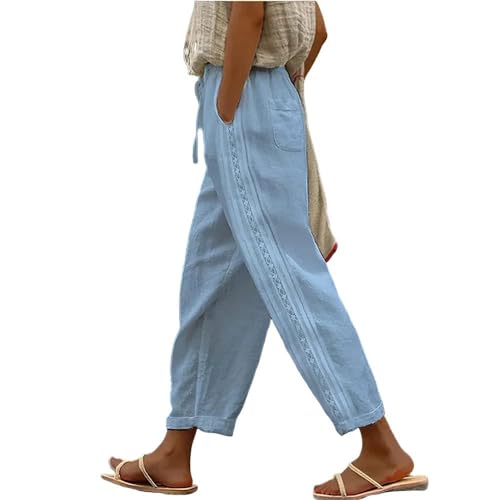 Wide Leg Pants Women Linen Pants Summer Beach Pants Casual Elastic Waist Drawstring Pants Stylish Lace Pants Sky Blue S