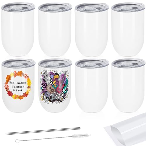 Draheri 12 Oz Stainless Steel Double Wall Insulated Wine Tumblers, Blanks in Bulk - Sublimation Cups and Mugs with Straw and Straw Brush, Individually Boxed (8 Pack)