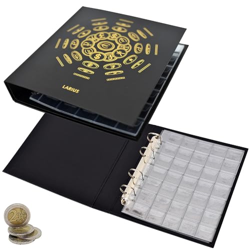 Larius Album de Collection pour pièces de 2 Euros, Billets de Banque, Cartes Postales, Anneaux pour Pochettes de pièces de Monnaie (Album + 10 Pochettes, Noir)