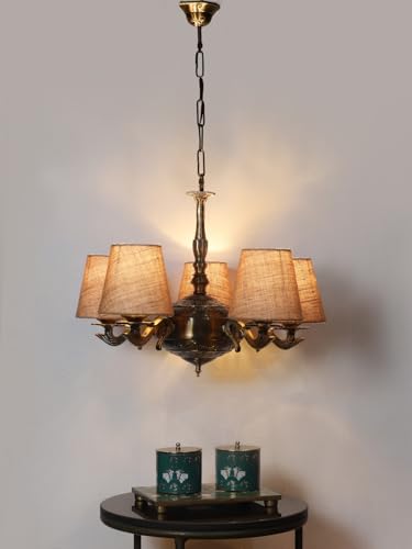 Image of Devansh 05 Lights Beige Jute conical Shade with Antique Golden Chandelier