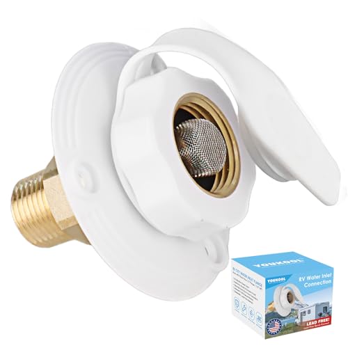 Image of Lead-Free Brass RV Water Inlet Connection, 1 /2 inch NPT Male City Water Fill Flange with Check Valve, Leak-Free City Water Hookup for Camper, Trailer(White)