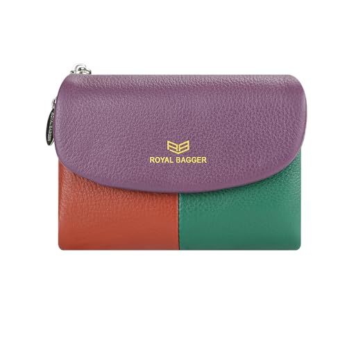 Color Block RFID Short Wallets Genuine Leather Multi-card Slots Card Holder Trifold Purse Magnetic Opening 2053 (Purple)