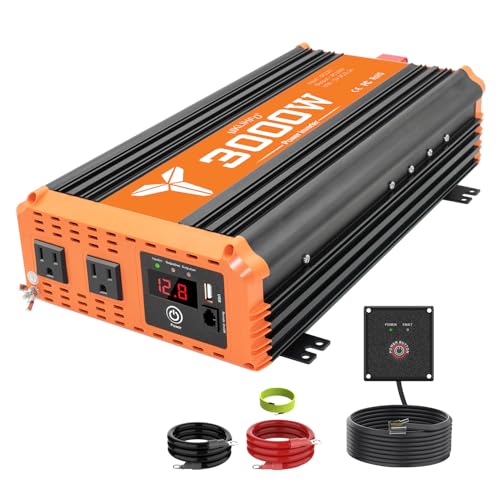 MKLIHFD 3000W Inverter 12V DC to 110V AC Converter for Home, RV, Truck, Off-Grid Solar Power Inverter with Built-in 5V/2.1A USB, AC Hardwire Port, Remote Controlle