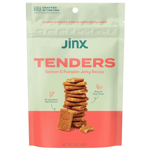 Jinx Tenders Salmon Jerky Dog Treats All-Natural Ingredients Soft and Chewy Low-Calorie Slow-Smoked Salmon & Pumpkin No Fillers 5oz