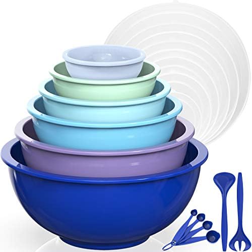 Umite Chef Mixing Bowls with Airtight Lids, 18 Piece Plastic Nesting Serving Bowls with Lids, Includes Salad spoon & Measuring Cups, Microwave Safe Mixing Bowl Set for Mixing, Baking, Serving (Blue)