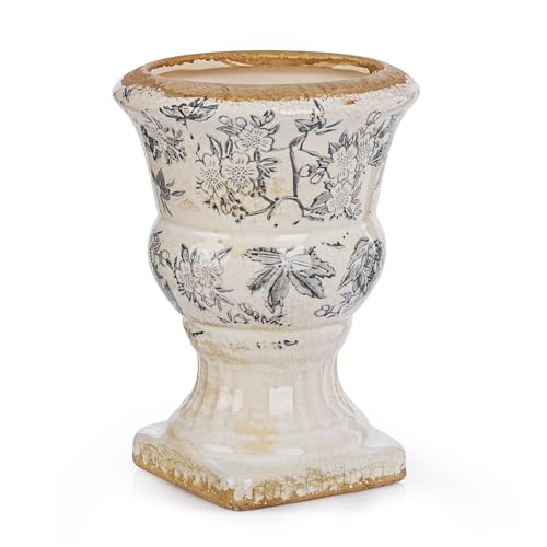 Sungmor Small Ceramic Urn Planter - Grey Scroll Floral Pedestal Flower Pot, Decorative Vintage Chinoiserie Style Planters, Tuscan Accent Vase Indoor Outdoor Plant Holder with Drainage