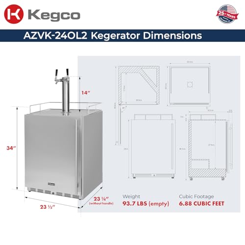 Image of Kegco 24 inch Wide Outdoor Build-In Dual Tap Stainless Steel Left Hinge Kegerator with Dispense Kit