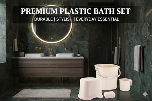 Image of MODWARE Bathroom Set, Pack of 4, Bucket, Mug, Soap Case, Stool, 20L, Polypropylene (Cream)