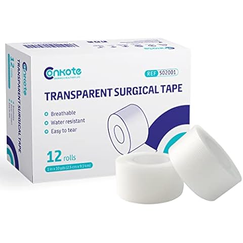 Conkote Transparent Medical Tape 1" x 10 Yards, First Aid Adhesive Clear Surgical Bandage Tape for Wound Care, 12 Rolls Cover