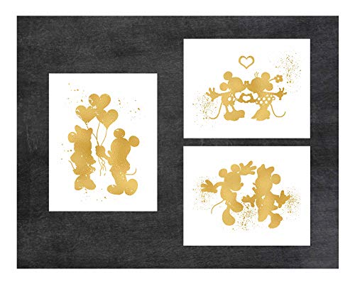 Simply Remarkable Set of 3 8" x 10" Prints Inspired by Mickey and Minnie Mouse - Gold Poster - Disney Inspired - Home Art -Frame not Included (8x10, 3 Pack Mickey & Minnie)