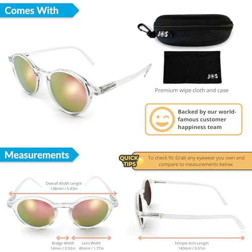 J+S Hali Small Round Polarized Sunglasses for Women Men | Spring Hinge Polycarbonate Frame | Polarized 100% UV 400 | Trendy Retro Style | Medium-Small Fit (Crystal Clear Frame/Pink Mirror Lens) - Thumbnail 4