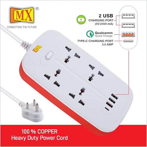 Image of MX Power Strip Extension Board with USB Ports 3250W multiplug Sockets Extension Cord 13Amp 3 Universal Socket + 3 USB + C Ports Fast Charger Multi Port Extension Heavy Duty Cord 3 Meter with Switch