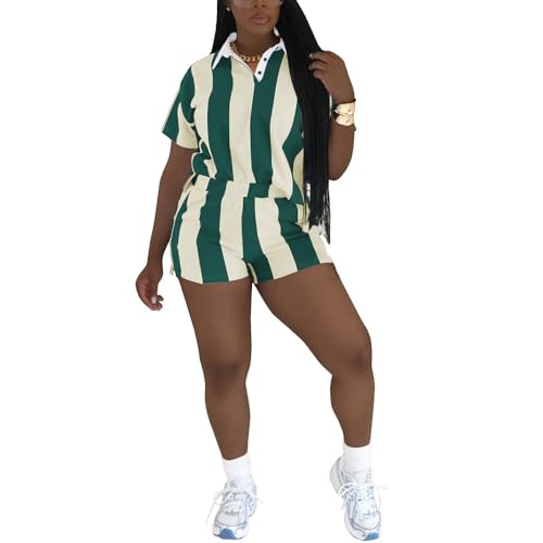 PINSV 2 Piece Sets for Women Summer Casual Striped Polo Shirt High Waisted Short Workout Jogger Sets Green XL