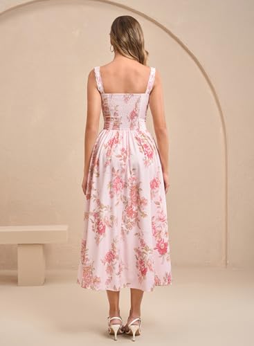 Image of KUTUMAI Women Summer Corset Midi Floral Wedding Guest Dresses with Pockets | Lace Neck, Smocked Back, Flowy A Line Sundress for 2026 Engagement Photoshoot Bridal Shower Garden Party