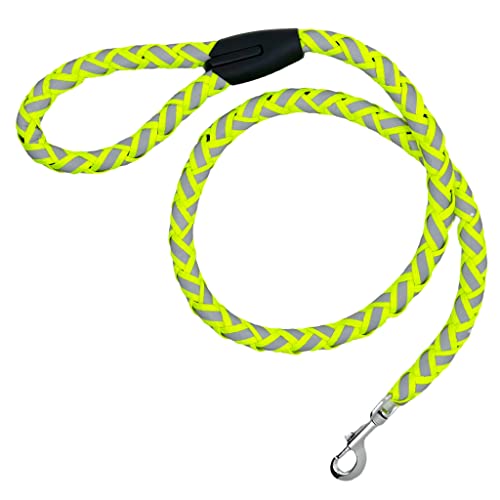 Guinzaglio imbottito riflettente con manico, 1,2 m x Ø 2 cm, adatto per cani di taglia piccola, media e grande (giallo fluo)