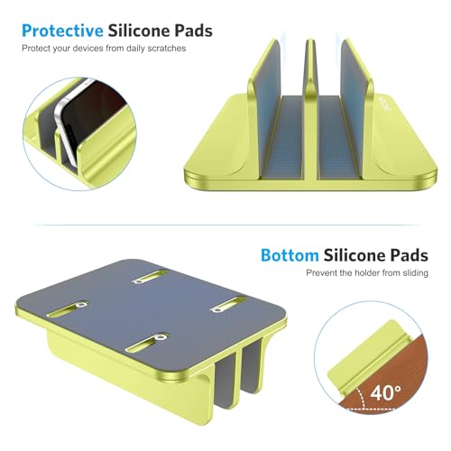 Image of OMOTON Vertical Laptop Stand [Updated Double Version], Desktop Aluminum Mac Book Stand with Adjustable Dock Size, Fits All Mac Book, Surface, Chrome Book and Gaming Laptops (Up to 17.3 inch), (Citron)