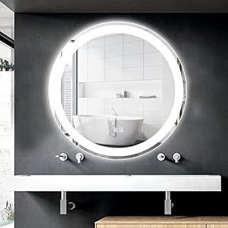 COSTWAY 80x60cm/60x60cm LED Illuminated Bathroom Mirror, Wall Mounted Mirror with Demister Pad, Touch Switch and Adjustable Brightness, Lighted Makeup Vanity Mirror (Round Aluminum Frame)
