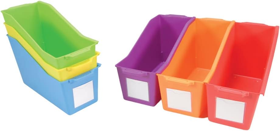EAI Education Connecting Book Bins for Classroom, Office and Home, No Sharp Edges, Stackable, 13.5 L x 5.375 W x 7 H inches, Labels Included, Assorted Colors, Set of 6