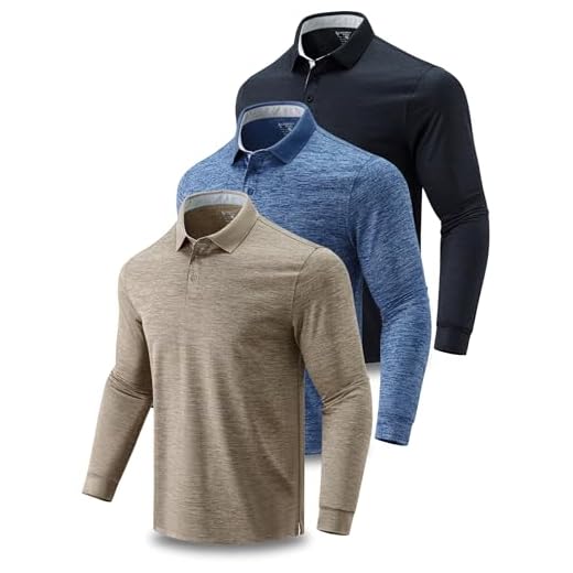 3 Pack: Dry Fit Long Sleeve Polo Shirts for Men, Athletic Collared Golf T-Shirts Performance Tops, Set 5, XXL
