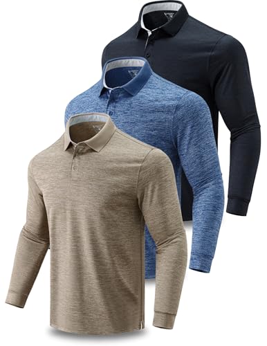 3 Pack: Dry Fit Long Sleeve Polo Shirts for Men, Athletic Collared Golf T-Shirts Performance Tops