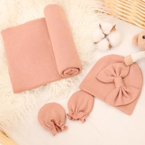 Image of AQOKKA Baby Swaddle Blankets with Bow Hat Mittens Set Infant Receiving Blankets Swaddles for Newborns Unisex Toddler Swaddle Wrap Sets for Baby Girls Boys Nursery Warm Shower Gift
