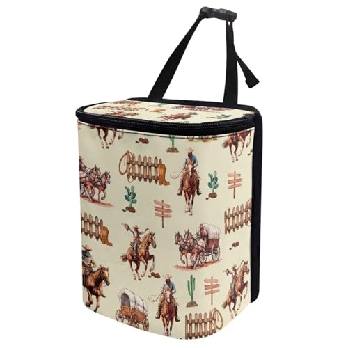 Image of Western Cowboy Car Trash Can Southwest Aztec Native Cow Mini Auto Garbage Bin with Lid Leak Proof Hanging Car Rubbish Bags Automotive Organizer Accessory for Back Front Seat