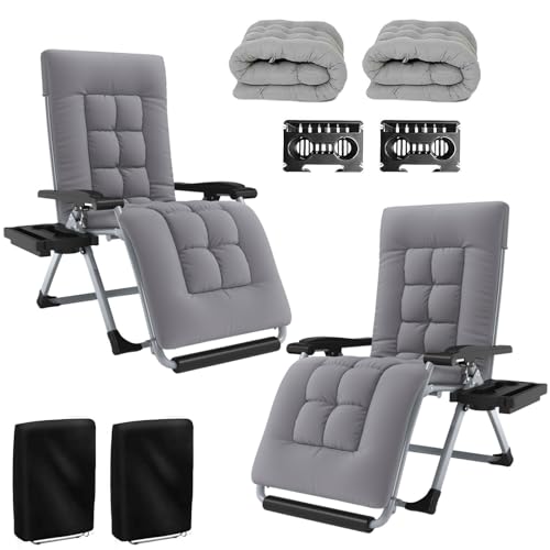 NJUN Tumbona Plegable Acolchada, 2 Piezas Silla Relax Reclinable con Reposacabeza Extraíble y Portavasos, Tumbona Jardín Exterior Cómoda para Terraza Balcón Piscina Camping