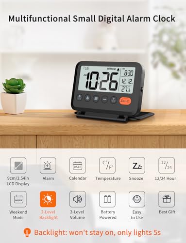 MeesMeek Digital Travel Alarm Clock, Black, 3.54 inch LCD Display, 9-Minute Snooze, 2 Volume Levels, Backlight, Battery Included