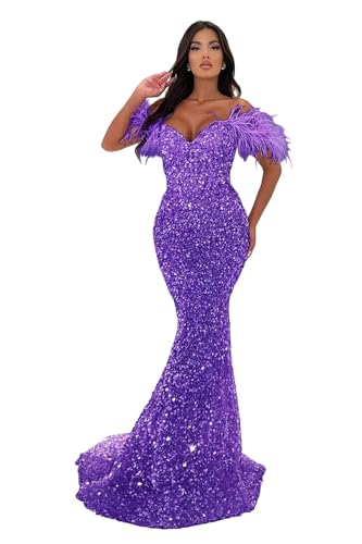 Image of Sequin Feathers Mermaid Prom Dresses 2026 Off Shoulder Sparkly Long Formal Evening Party Gowns with Train