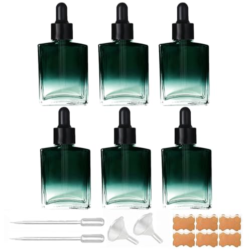BEGIKET 6 Pack 1.7oz Dark Green Square Glass Dropper Bottles 50ML Square Essential Oils Dropper Bottles Tincture Bottle with Eye Dropper for Perfumes, Liquids, Hair and Body Oils (Dark green)