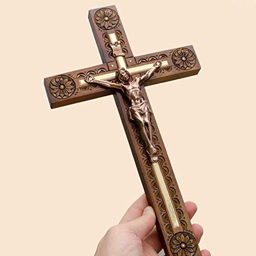 Hand Carved Crucifix Wall Cross for Home Decor - Wooden Catholic Wall Crucifix - 12 Inch - Thumbnail 2