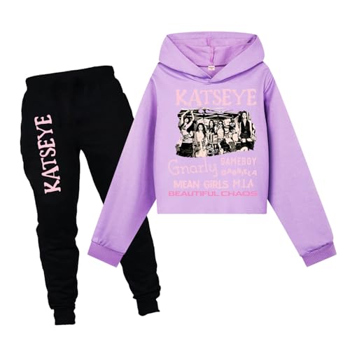 Minhuaha KATSEYE Girls Hoodie+Pants Set Kids Shirt 2PCS Long Sleeve Outfit (Purple 9 Years)