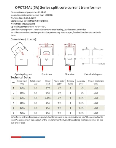 Transformateur de courant à noyau divisé OPCT24AL-100/5 à 400A/5A CA classe 0,5 - 3