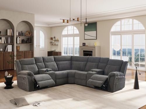Secsofier Power Premium Fabric Reclining Sectional Sofa Set, Zero Gravity Recliner Couch with USB Port 2 Console Storage 4 Cup Holders