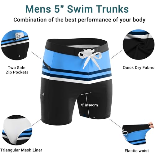 Ekouaer Mens Sexy Swimsuit with Boxer Brief Liner Quick Dry Swimming Trunks Lightweight Sqaure Leg Bathing Suit Blue Stripes XXL — view 4