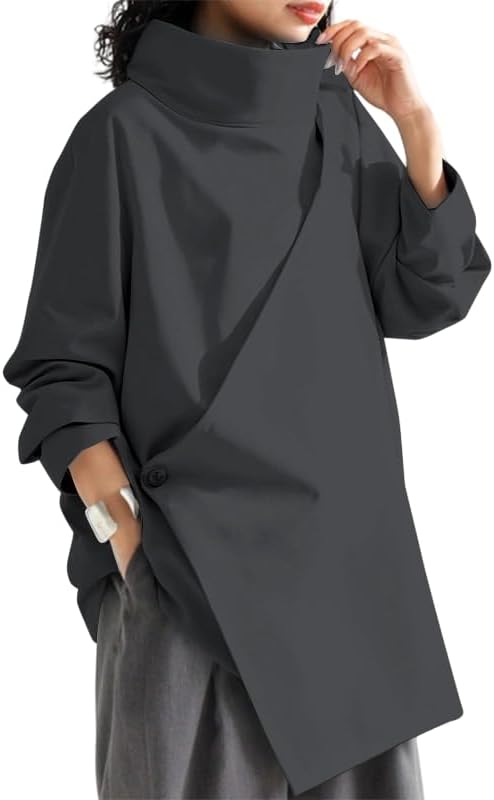 Women's Mock Turtleneck Oversized Tops Long Sleeve High Neck Loose Asymmetrical Slit Blouses Shirts Minimalist