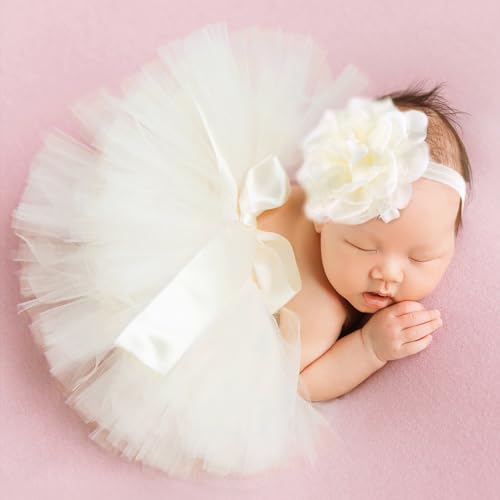 Image of Ylsteed Newborn Girls Photography Prop Infant Tutu Skirt Newborn Lace Tulle Skirt Girl Photo Shoot Outfits Infant Princess Costume Clothes Photo Props-Beige