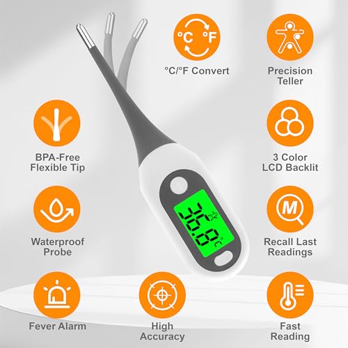 Image of 2 Pack Digital Thermometer for Adults Kids Babies,Measures in 16 Seconds with Flexible tip and Fever Alarm, Accurate Oral Rectal Underarm Thermometer with 3 Colors Back Light