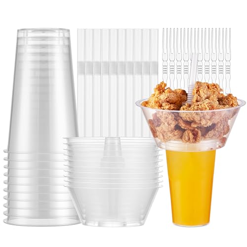 Casarak Snack and Drink Cup 10 Sets Disposable Plastic Cup with Snack Bowl on Top Includes 10 Cups 10 Bowls 10 Straws 20 Forks for Party Stadium Patron and Movie Night