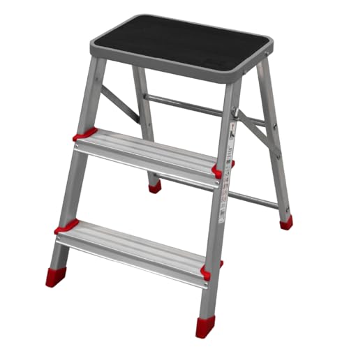 UniversalBlue Taburete Plegable de Aluminio Reforzado, 3 Peldaños, 58x45x45 cm, Estructura Estable para Cocina y Tareas Domésticas, Color Aluminio (3 Peldaños)