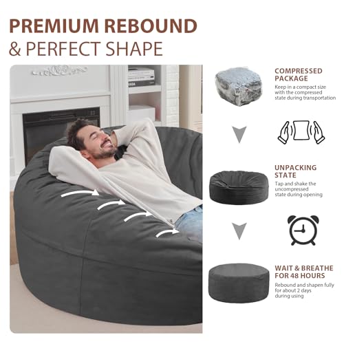 6FT Bean Bag Chair, Large Bean Bag Chairs with Memory Foam Filled, Fluffy Beanbag Sofa with Dutch Velvet Cover, Round BeanBag Chairs for Living Room, Playroom - Grey