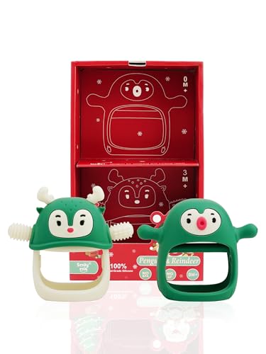 smily mia baby christmas stocking stuffers baby teething toyspenguin teether for 0-6m reindeer chew toys for 3-6mteething mittens for 6-12m babies my first christmas gift pine green