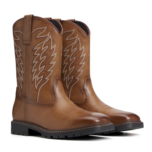 Image of Julyrose Men's Cowboy Boots - Western Boots Square Toe,Slip Resistant,Retro Embroidered Design,Slip on Chunky Heel Country Boot