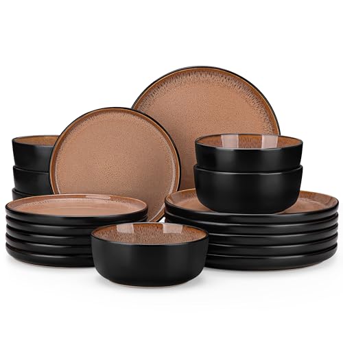 Image of vancasso Plates and Bowls Sets, 18 Pieces Stoneware Dinnerware Sets for 6, Kitchen Dish Set Mircowave and Dishwasher Safe Ceramic Dishware, Dark Brown, Series AMBER
