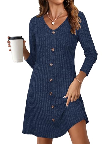 MOLERANI Womens Fall 2025 Long Sleeve Sweater Dresses Casual - A Line Ribbed Knit V Neck Knee Length...