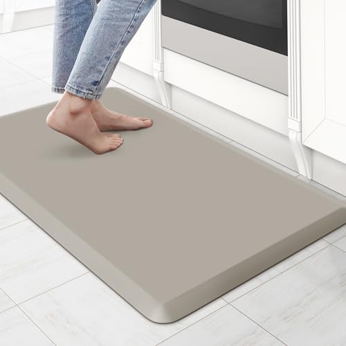 KitchenClouds Kitchen Mat Cushioned Anti Fatigue Rug 17.3'x28' Waterproof Non Slip Standing Desk Mat Comfort Floor Mats for Kitchen House Sink Office (Khaki)
