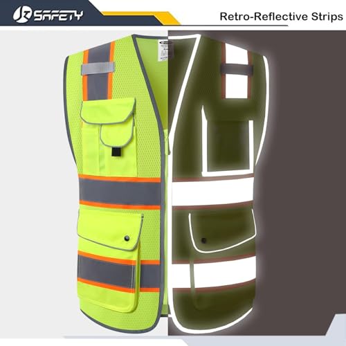 Image of JKSafety 9 Pockets Hi-Vis Neon Yellow Zipper Front MESH Safety Vest with Fluorescent Orange Extend Edge outlining the Reflective Tapes Meet ANSI /ISEA Class 2 Standard (100 Yellow, S)